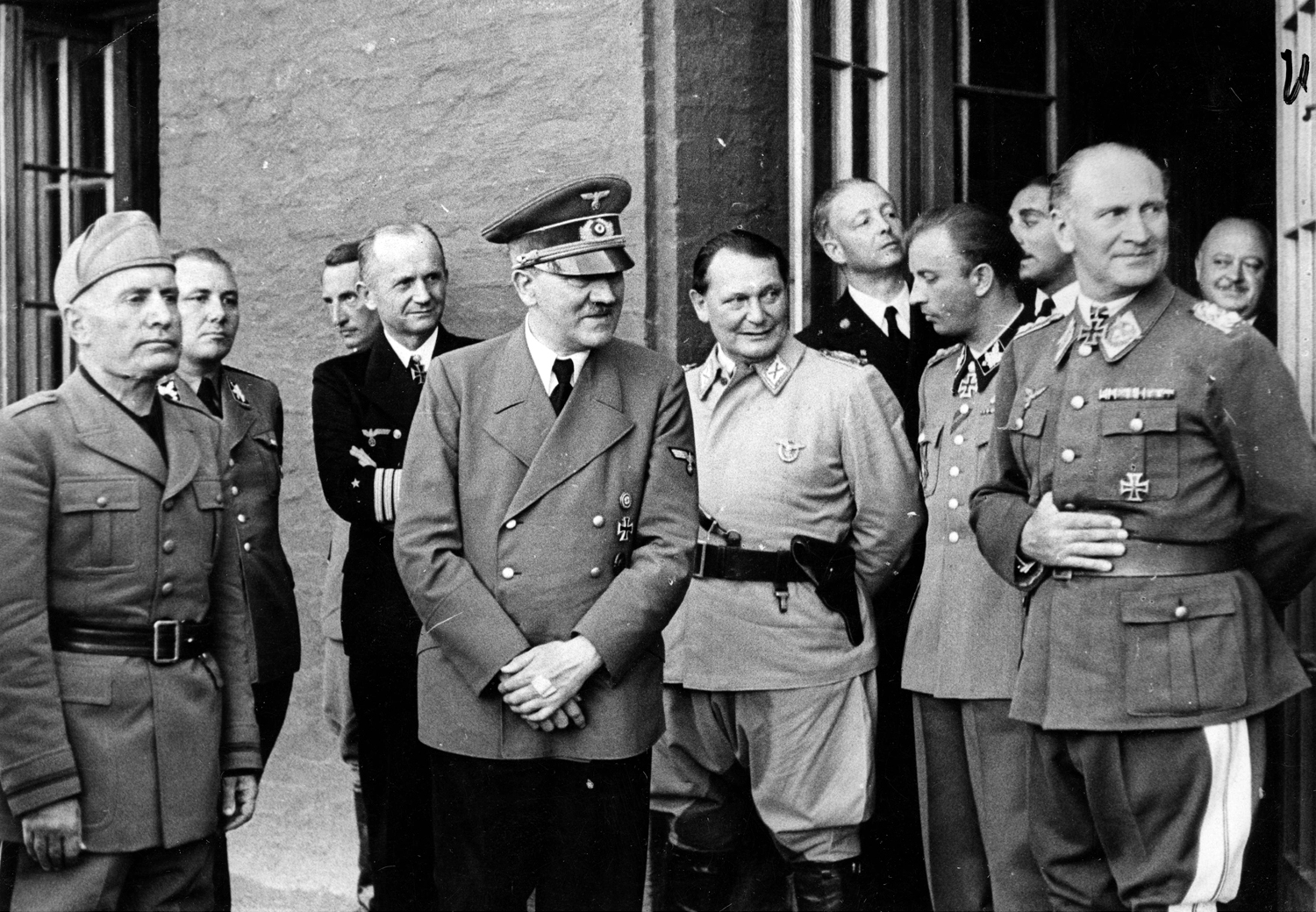 Benito Mussolini with Adolf Hitler and his staff at the Wolfsschanze just after the bomb attack